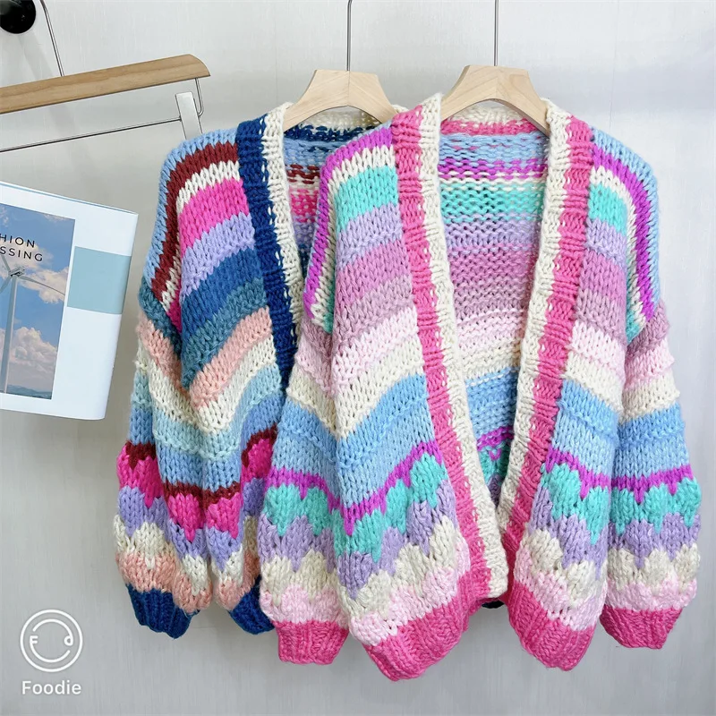 Multi Color Knit Cardigan Striped Handknit Knit Sweater Chunky Vintage Long Sleeve Crochet Tops Autumn/Winter Woman Clothing