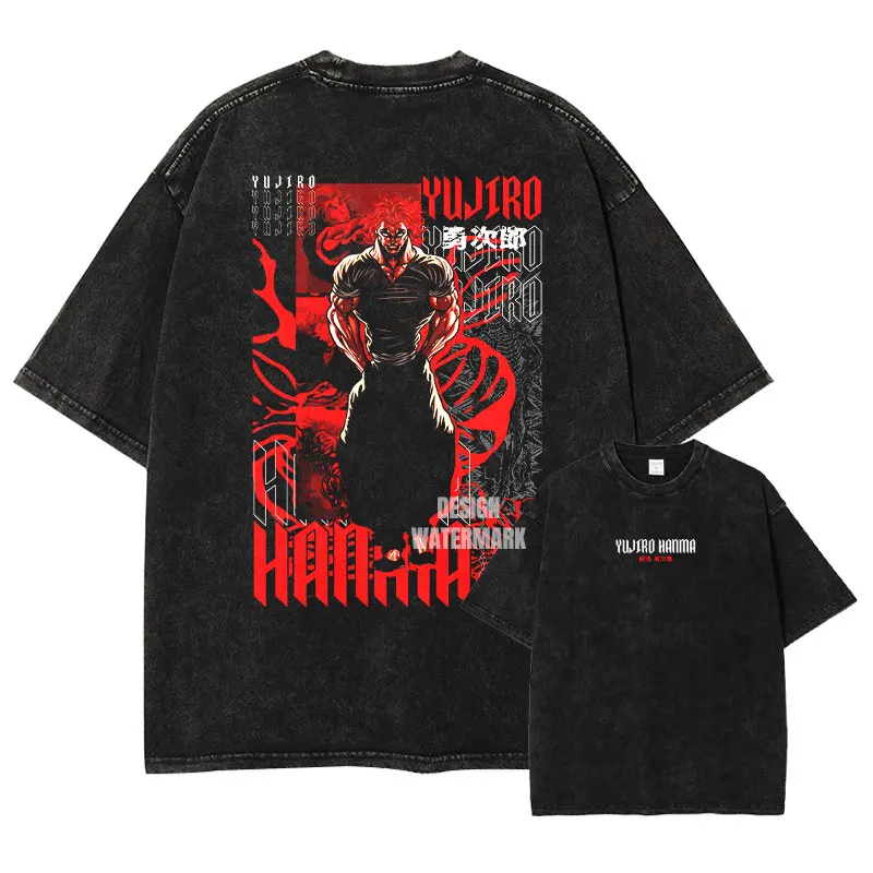 

Bandai Anime Hanma Baki T Shirt Oversized Vintage Washed Grappler Baki T-shirts Retro Hip Hop Yuujirou Tops Tees Man 100% Cotton