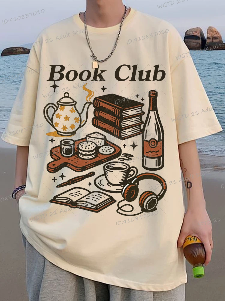 

Book Club T-shirts Men Women Coffee And Wine Print Cotton Tops Summer O-Neck Loose T Shirt Bookworm Read Lover Vintage Tshirts