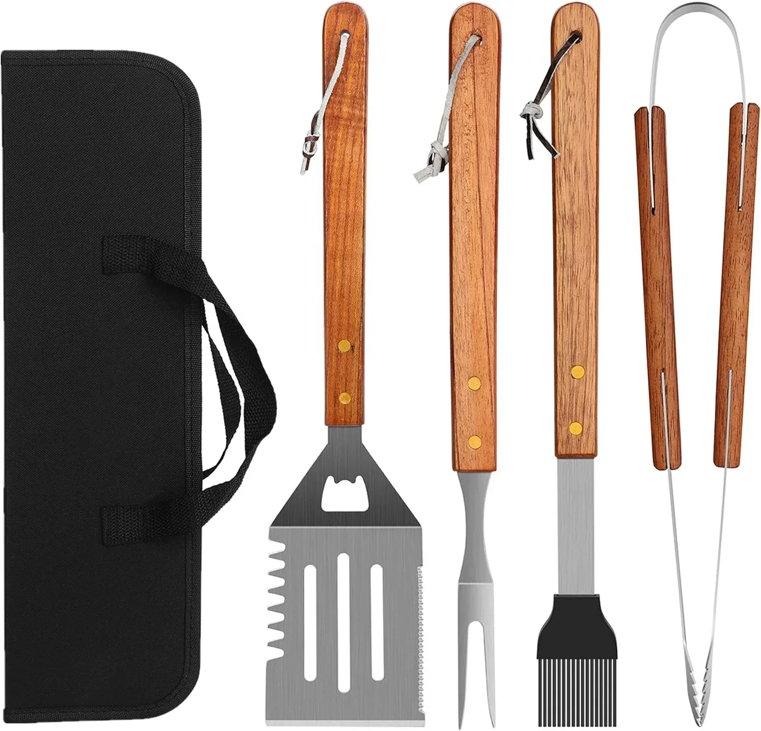 Outdoor Camping Stainless Steel Wooded BBQ Accessories Grilling Tools Set for Cooking, Backyard Barbecue