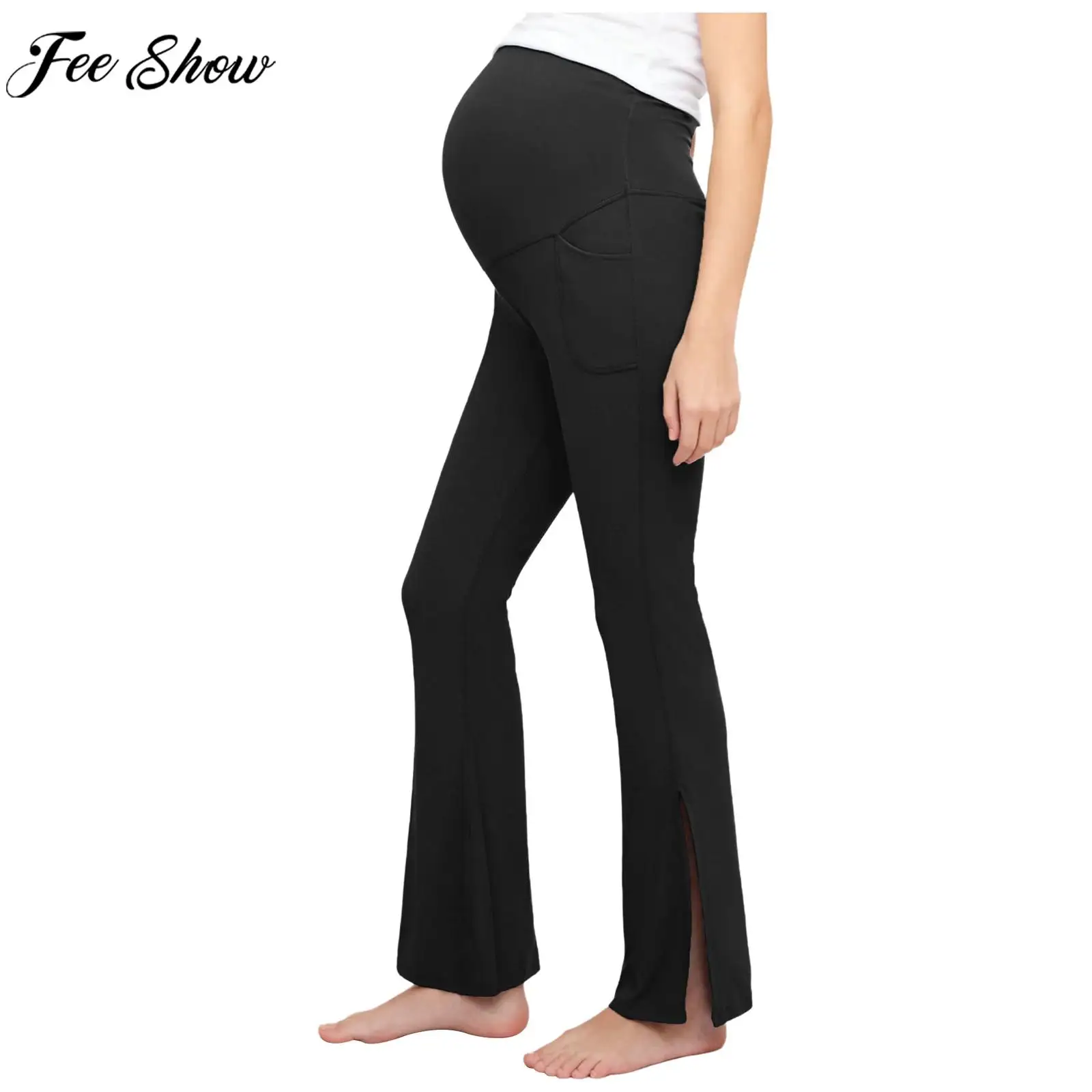 Maternity Yoga Leggings Over The Belly Stretchy Casual Bell-bottom Pants with Pockets for Daily Work Sports Workout Homewear
