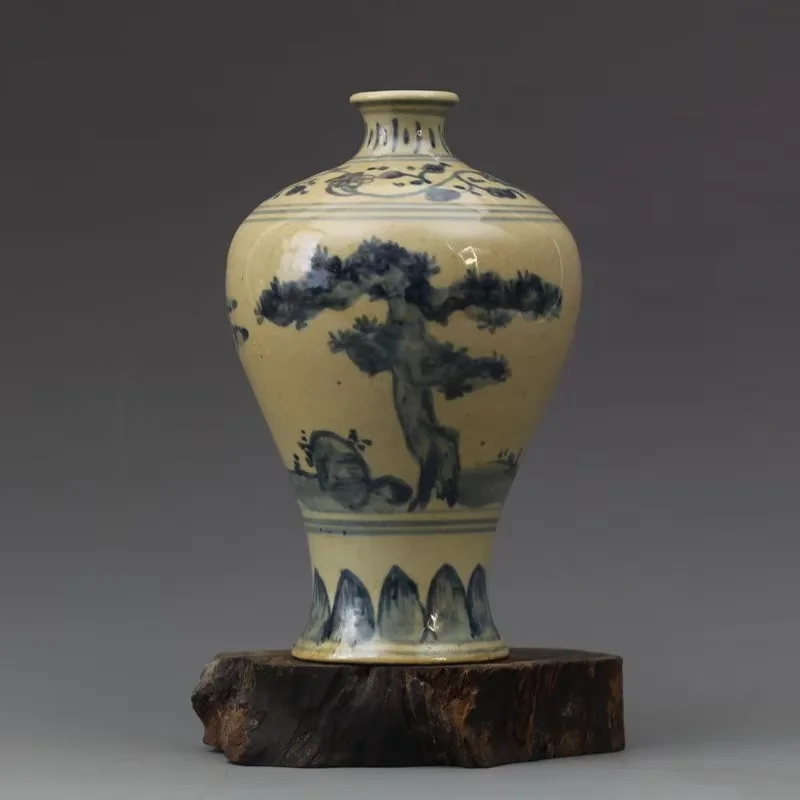 Marked Chinese Ming Blue and White Porcelain Hand Painting Pine Vase 6.5