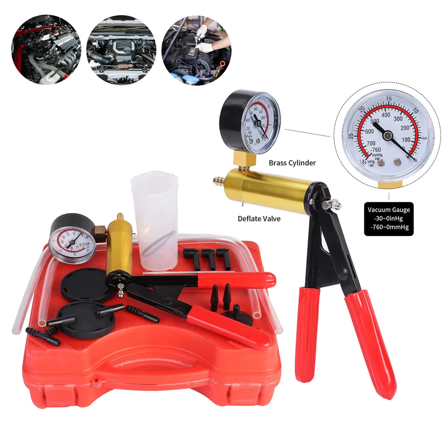 2 in1 Brake Bleeder Kit with Hand Held Vacuum Pump Tester with Gauge Adapters for Car Motorcycle One-Man Brake Bleeding System