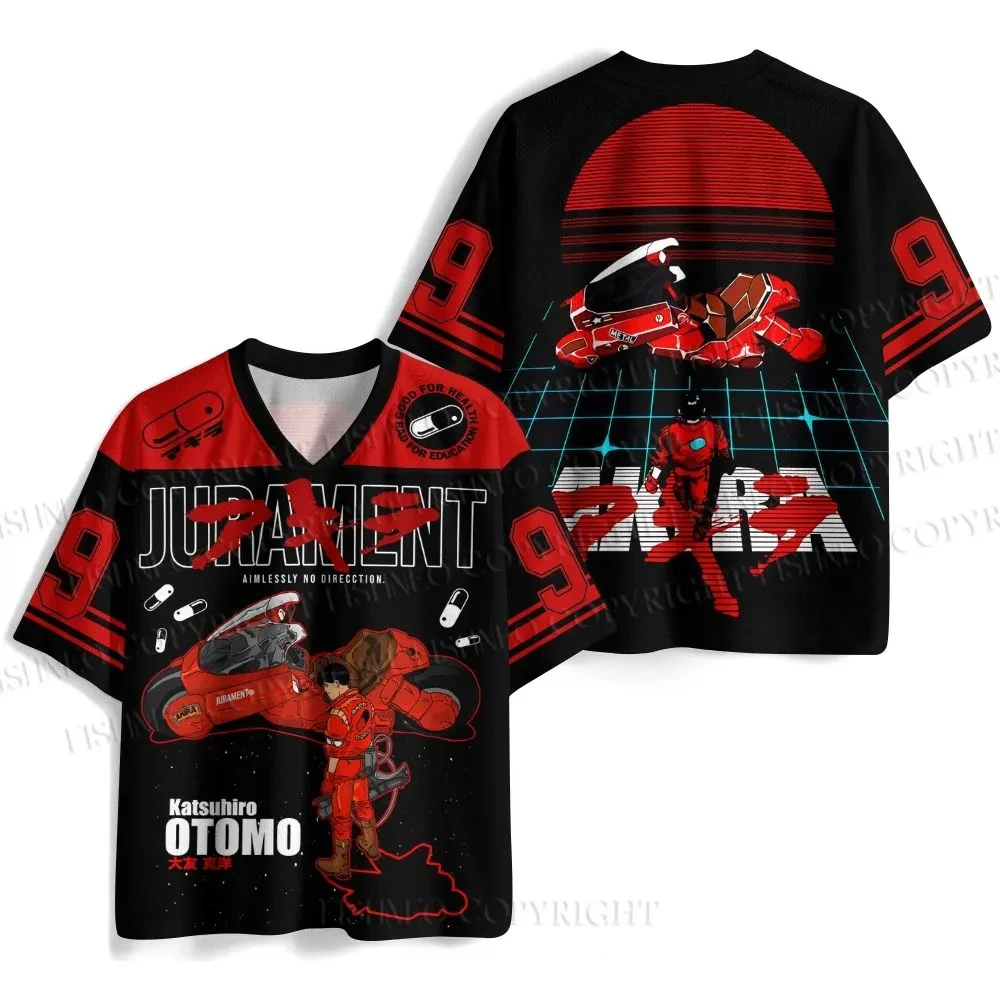 2026 Men's Oversized AKIRA Anime Mesh Jersey T-shirt, Retro Kaneda & Red Bike Print, Casual Streetwear V-Neck Short Sleeve Top