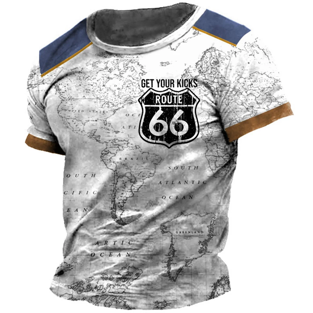 Classic Retro Summer Men\'s T-shirt American Loose Short Sleeve Top Route 66 O Collar Fashion Casual Sports Quick Drying Clothing