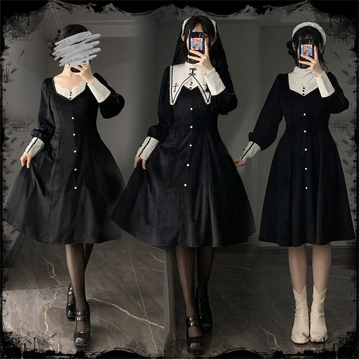 Robe Vintage gothique Lolita Dark Girls Op Cosplay Halloween, robe élégante brodée de croix, à manches lanternes et boutons en métal pour sœur