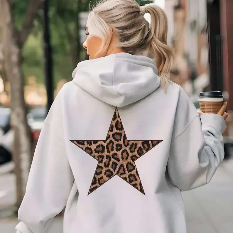 Leopard Star Hoodie Y2K Hoodie Leopard Print Hooded Sweatshirt Girly Cool Star Hoodie Harajuku Unique Printed Streetwear Hoodies