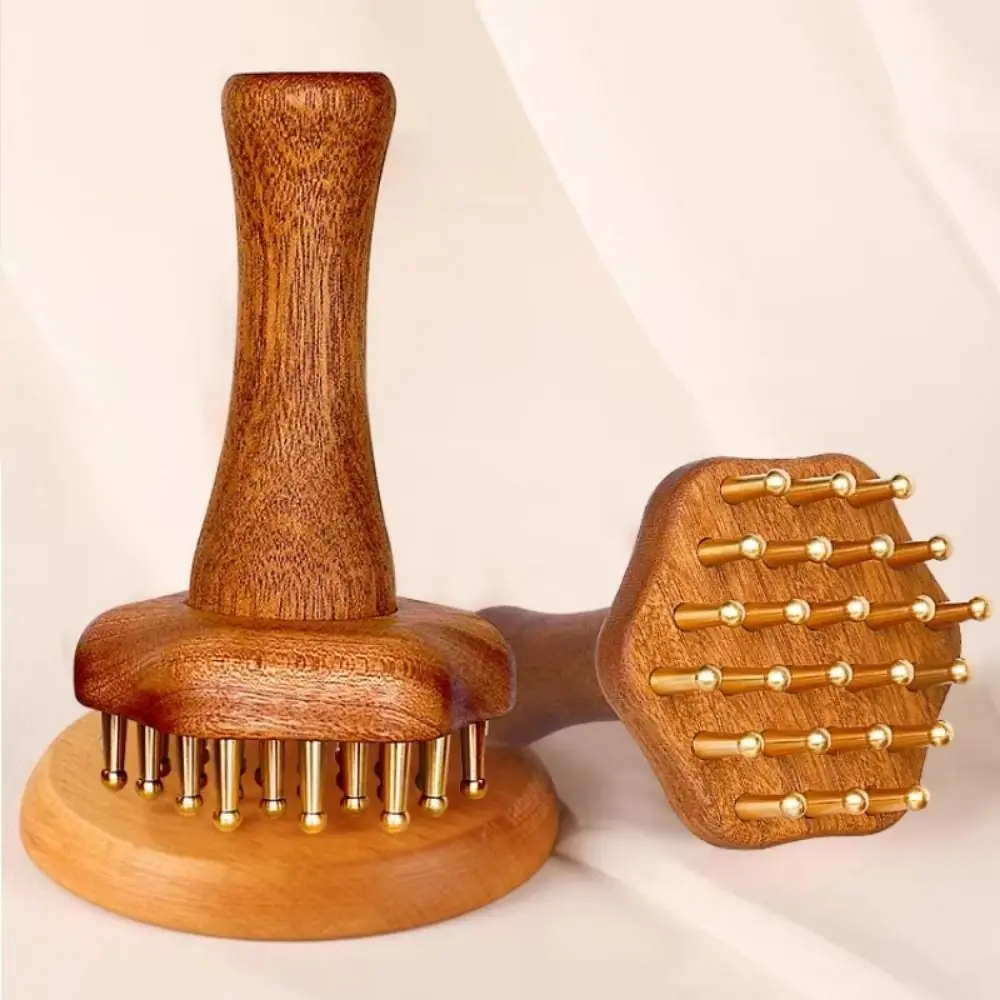 

Portable Wood Massage Brush Copper Head Wooden Handle Brass Gua Sha Massage Tool 24 Teeth Skin Scraping Body Sculpting Tool