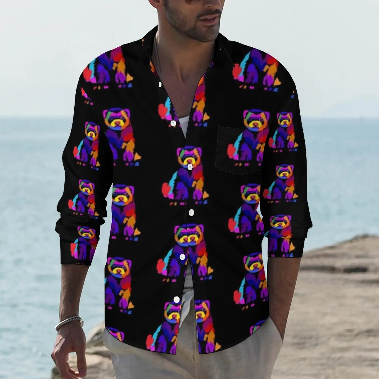 

Pop Art Ferret Casual Shirts Male Mammal Animal Shirt Long Sleeve Vintage Aesthetic Blouses Autumn Printed Tops 3XL 4XL