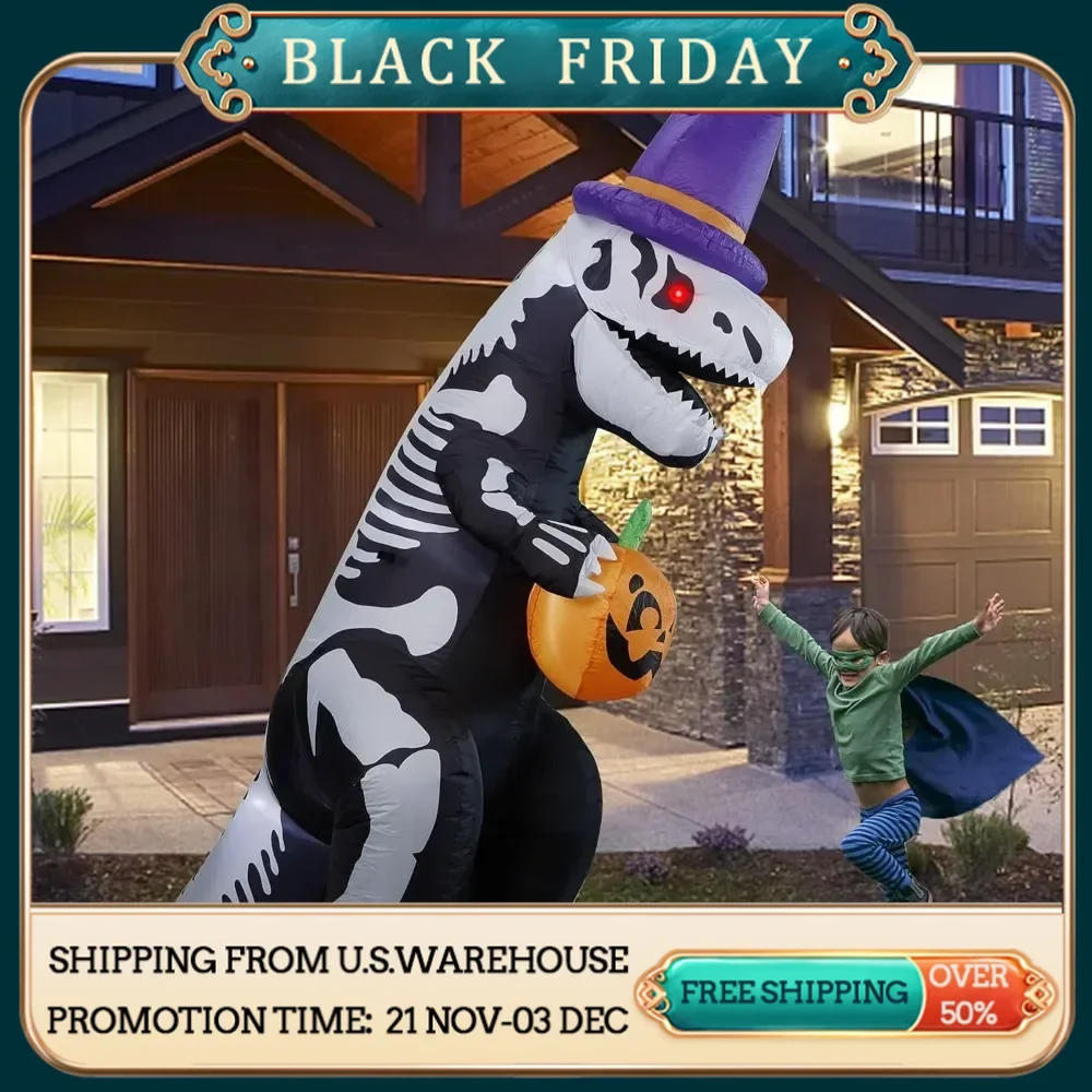 8 FT Halloween Inflatables Lighted Skeleton Dinosaur Hold Pumpkin, Tyrannosaurus T-Rex with Build-in LED, Animated Yard Prop