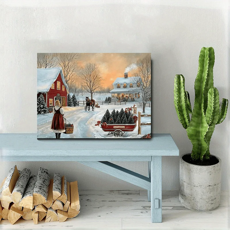(No frame)2D Flat, 2D Flat, 2D Flat 1pc Framed Winter Farmhouse Wall Art- Hand-Painted-Style Red Barn, Horse And Sleigh Snowy