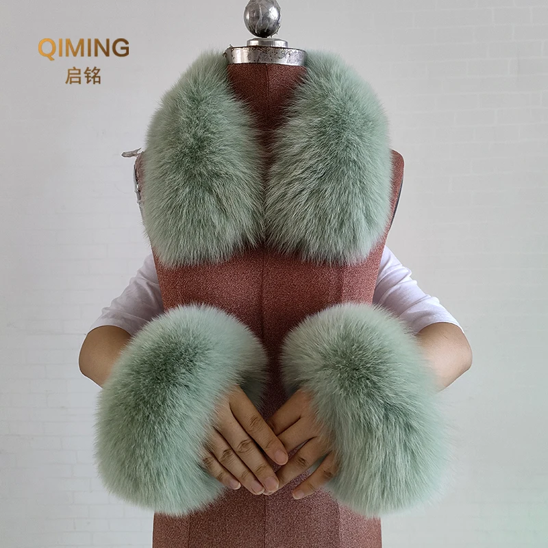 Real Fur Collar Fur Cuffs Set Winter Fox Fur Scarf Neck Warmer Women Coat Decoration Natural Scarves Luxury Thick Shawls Wraps