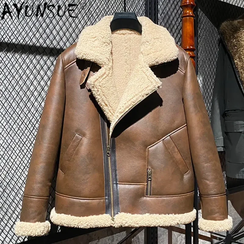 

AYUNSUE Natural Fur Coat Men Winter Jacket Genuine Sheepskin Coats Warm Mens Real Leather Jackets Flight Suit jaquetas SGG673