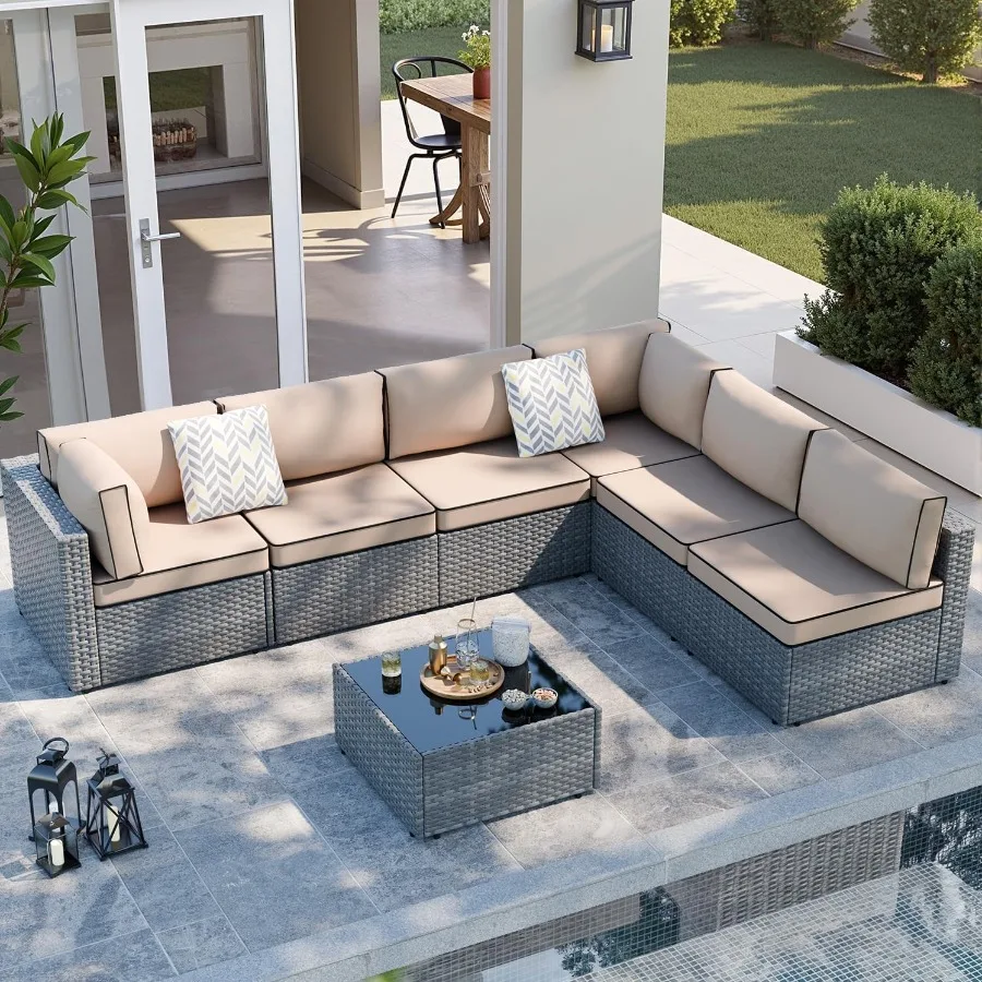 7 قطعة مجموعات المحادثة في الفناء في الهواء الطلق عالية الظهر جميع الأحوال الجوية الروطان أريكة الاقسام مع طاولة شاي ووسائد الأريكة قابل للغسل ل