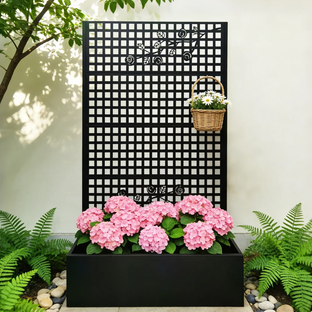 Metal Trellis Planter Box 70.9Hx43.3Wx15.8D - Outdoor Bed Privacy Lattice Rose Black