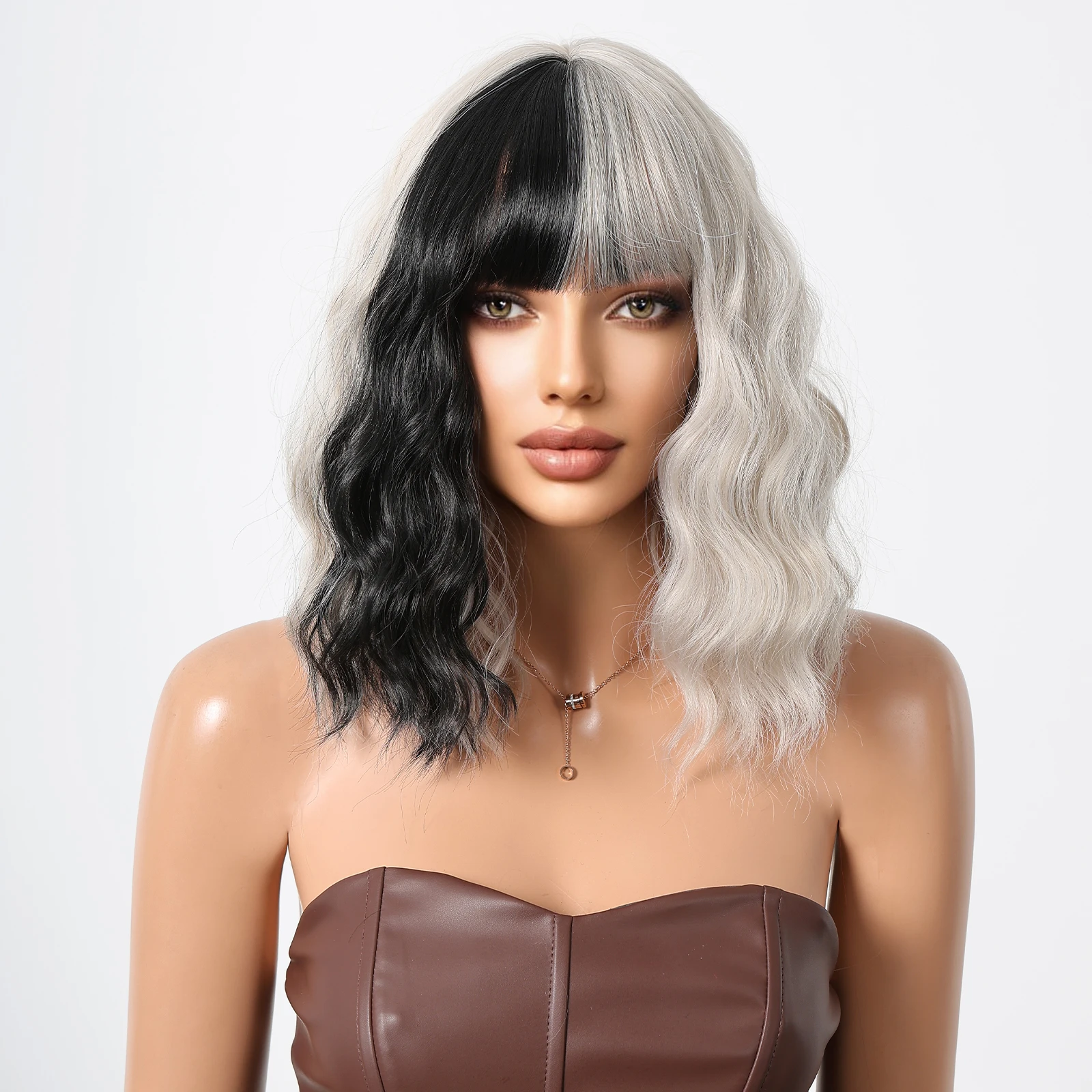 هالوين قصيرة مجعد بوب بيروكات صناعية لونين أبيض وأسود موجة شعر مستعار اصطناعي مع الانفجارات للنساء تأثيري جزء #5