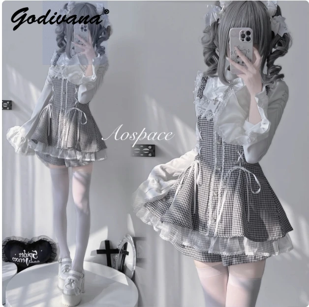 Japanese Mine Mass-produced Flare Sleeve Slim-fit Dress Set Gothic Lolita Women's Sweet Shirts Top and Shorts Two-pieces Suits