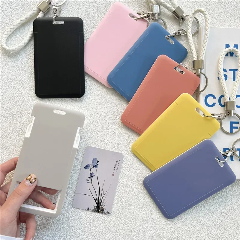 1Pc Solid Color Student Bus ID Card Protective Cover Keyring School Access Door Card Credit Card Holder Bag Set Key Chain Gift