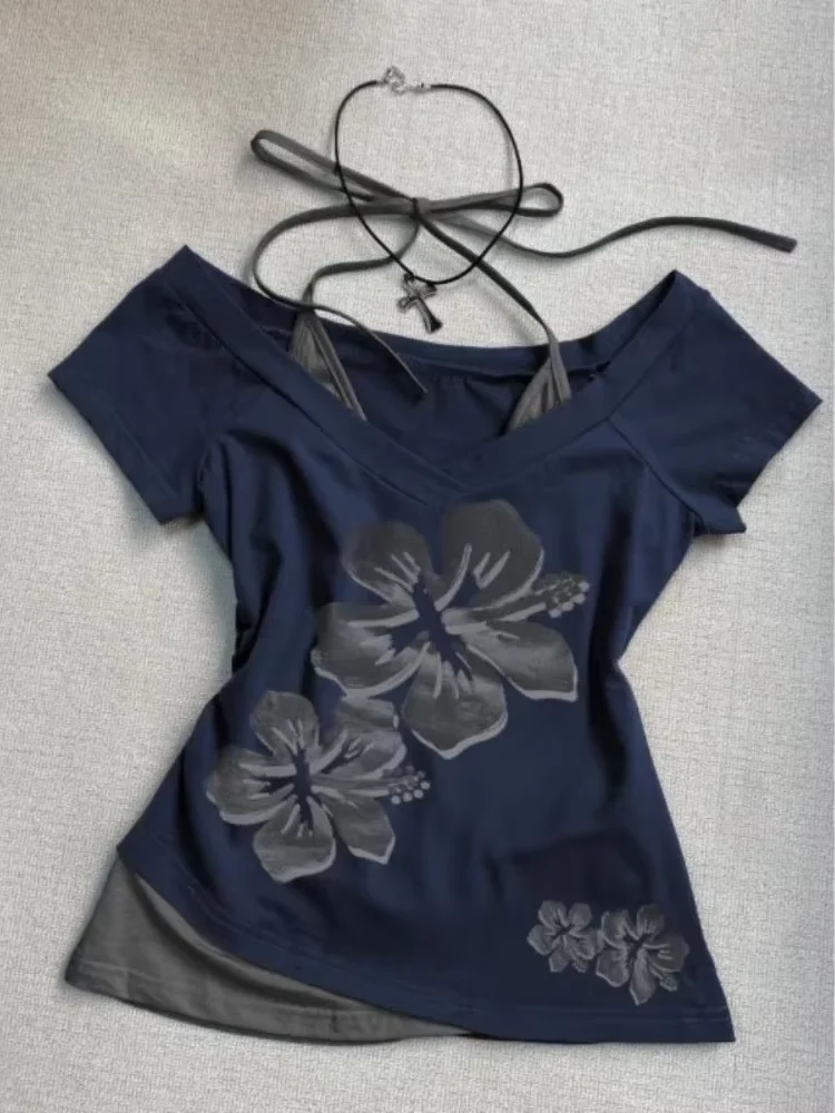 تي شيرت هاراجوكو عتيق برقبة على شكل V بدون ظهر تي شيرت نسائي صيفي غير رسمي من الجرونج تي شيرت نسائي مرقع Y2k تي شيرت قصير ثقافة فرعية أنيق #3