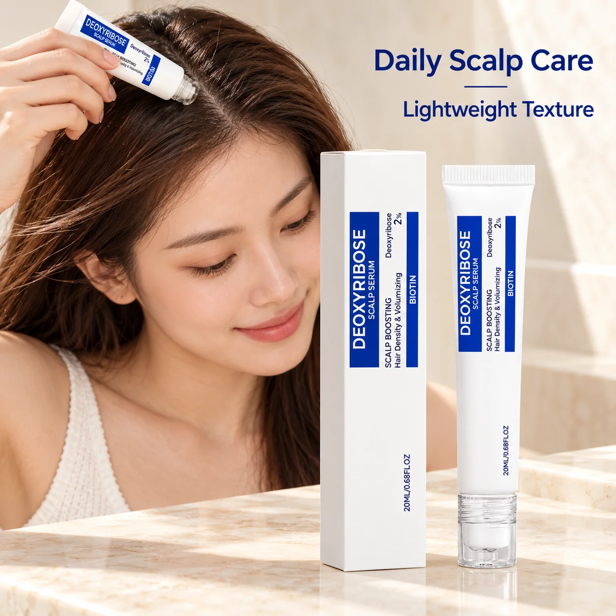 Biotin Scalp Serum With 2 Percent Deoxyribose In A 20ml Tube For Nourishing Care With A Rollerball That Follows Scalp Contours