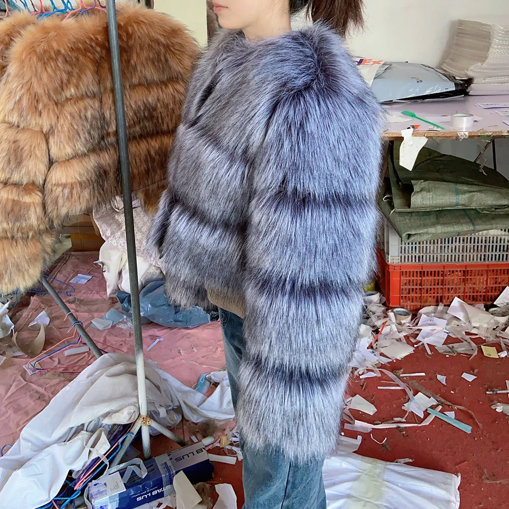 HOOOFUR namaakbontjas damesjas wintermode warm dik zilvervos leer bruin plus maat speciaal nepbont koude jas