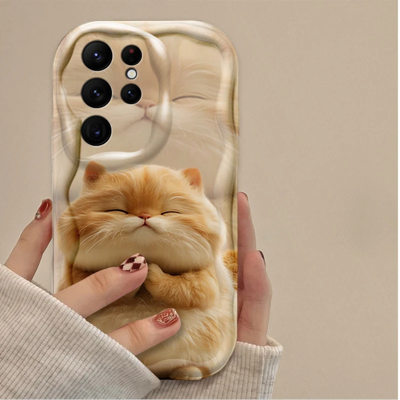 برتقالي أسود أبيض القط جميل التعبير حقيبة لهاتف سامسونج غالاكسي S25 S24 الترا S23 S22 S21 S20 زائد FE A56 A36 A26 غطاء متموج #4