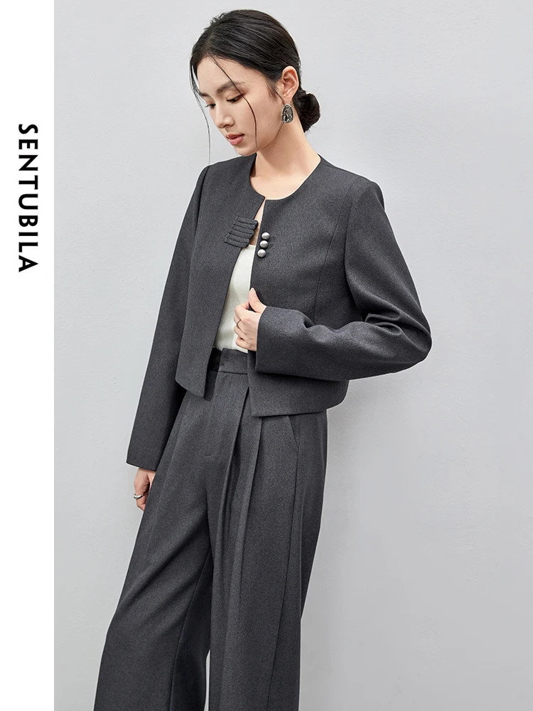 SENTUBILA Women 2 Piece Set 2024 Autumn Rounf Neck Short Coat Straight Folds Wide Leg Pants Office New Match Sets 143Z55935