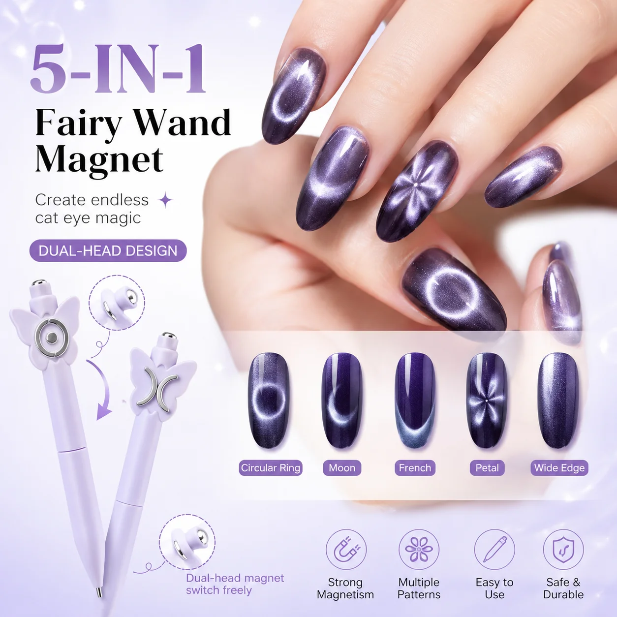 5-in-1 Feenstab Katzenaugen-Nagelmagnet Doppelkopf Starker Magnetring Mond Blütenblatt Schmetterling Design Nagelkunst UV-Gel Werkzeug – Detail 2