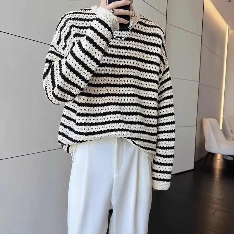 EBAIHUI Fashion Simple Stripe Men Sweater Autumn New Versatile Hollow Out Design Male Knitwear Round Neck Loose Long Sleeve Top