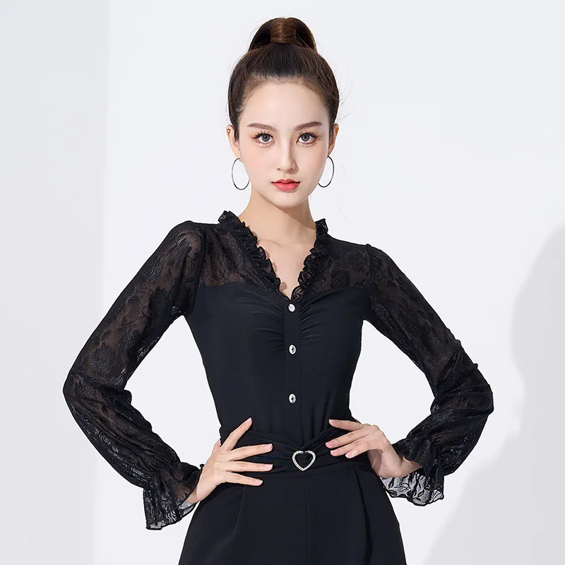 Latin Dance Top Female Lace Patchwork Long Sleeve New Modern Dance Clothes Adult National Standard Dance Clothes