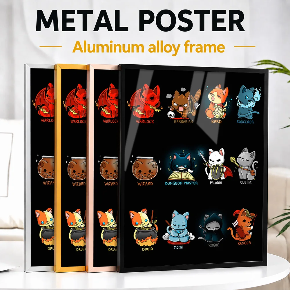 Fantasy Cat Role Playing Classes Framed Aluminum Metal Poster Customized Photo Whimsical Creature Style Wall Art For Game Room