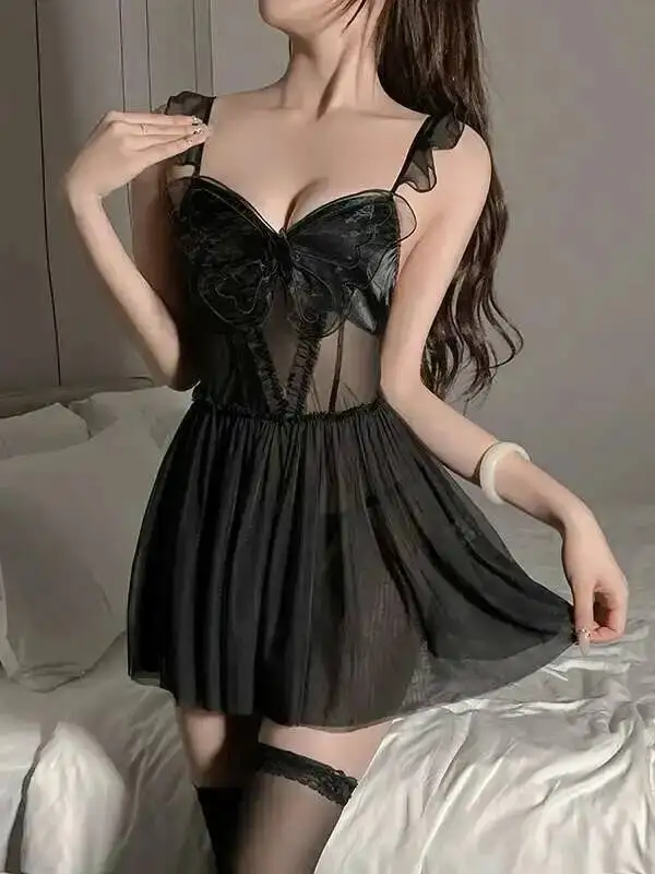 Nuovo puro desiderio cinturino sexy casa camicia da notte farfalla di pizzo sottile maglia trasparente abito corto senza schienale elegante abito dolce viola ZRK8