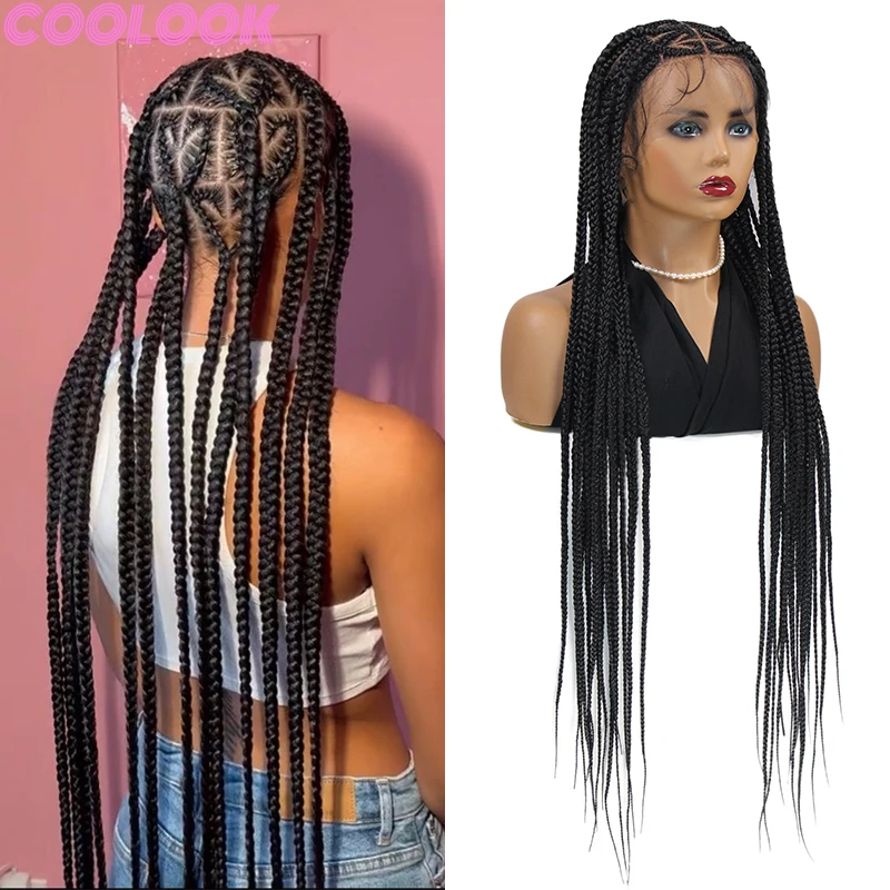 Black Full Lace Front Braided Wig 36'' Cornrow Crochet Goddess Faux Locs Braids Wig for Women Heart Shape Lace Frontal Braid Wig