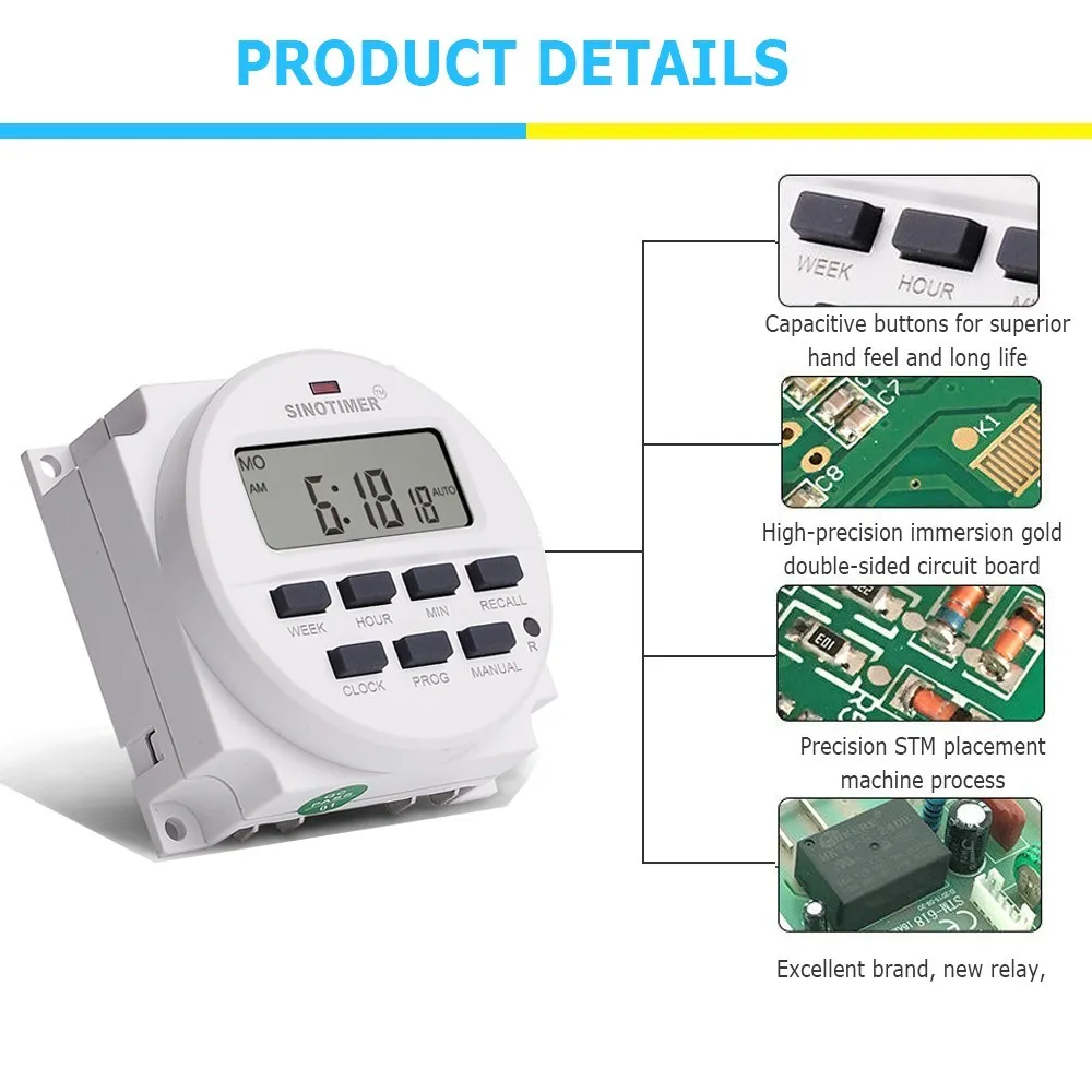 Kitchen Timer 12v DC Sinotimer TM618H-4 High Precision Electronic LCD Digital Programmable Socket Timer 6.0 Cm * 3.0 Cm * 3.0 Cm