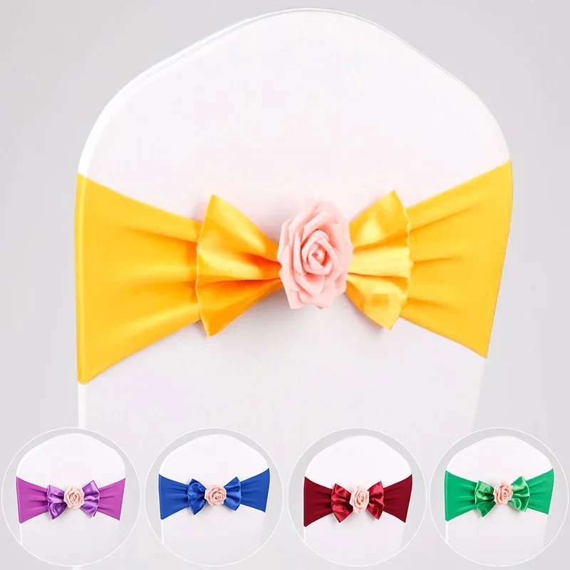 Free Tie Wedding Satin Chair Sash Elastic Stretch Spandex Chair Bow Band  Banquet Hotel Birthday Party Decoration Foldable chair