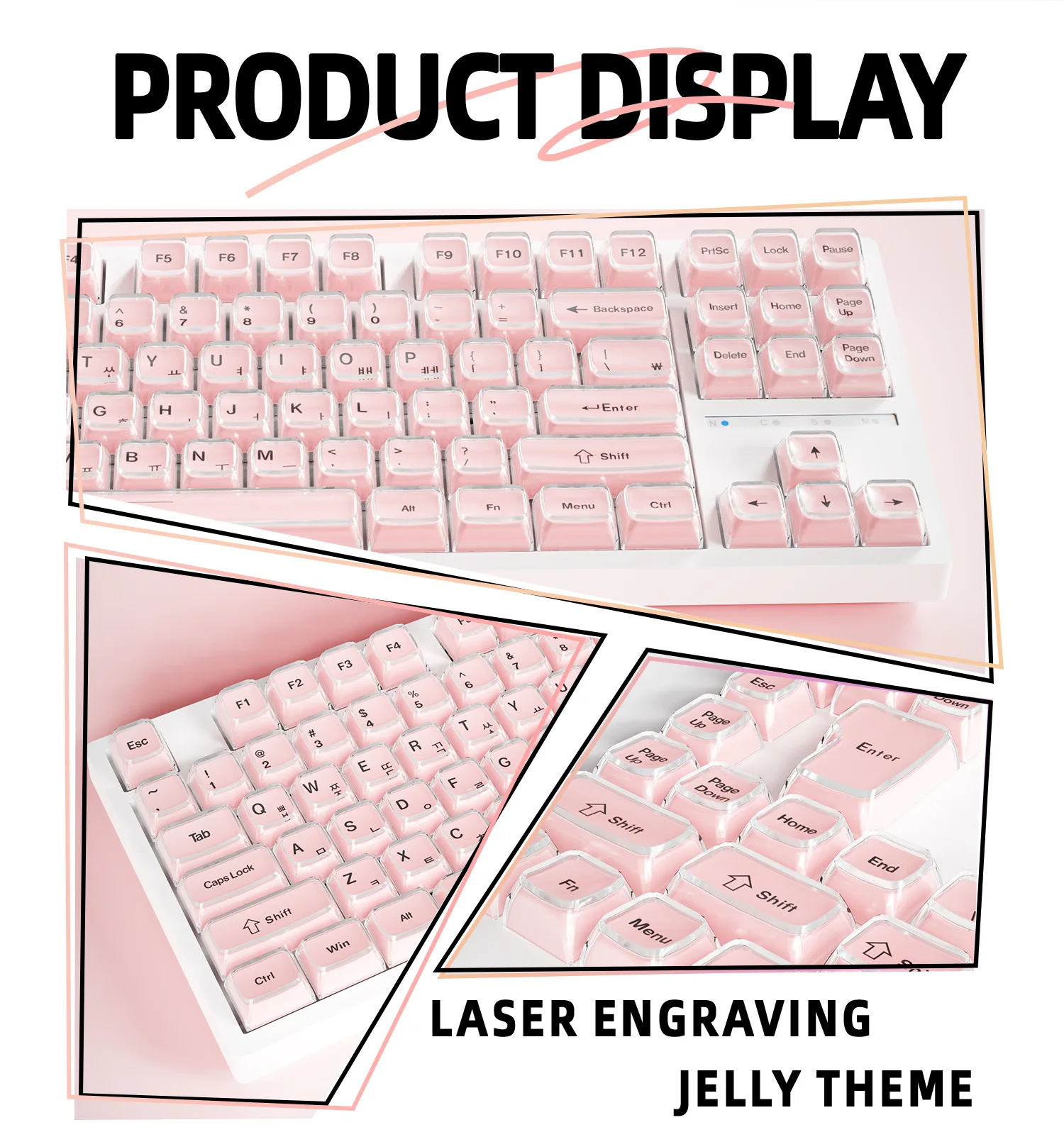 Korean Crystal Jelly Keycaps PC Doubleshot Pink White Hangul Key Cap for 60% 75% 96% 100% Magnetic Switch Mechanical Keyboard