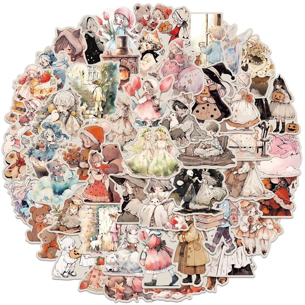 50pcs Vintage Cartoon Fairy Tale Girls Stickers Aesthetic Girls Laptop Water Bottle Luggage Notebook DIY Waterproof Stickers