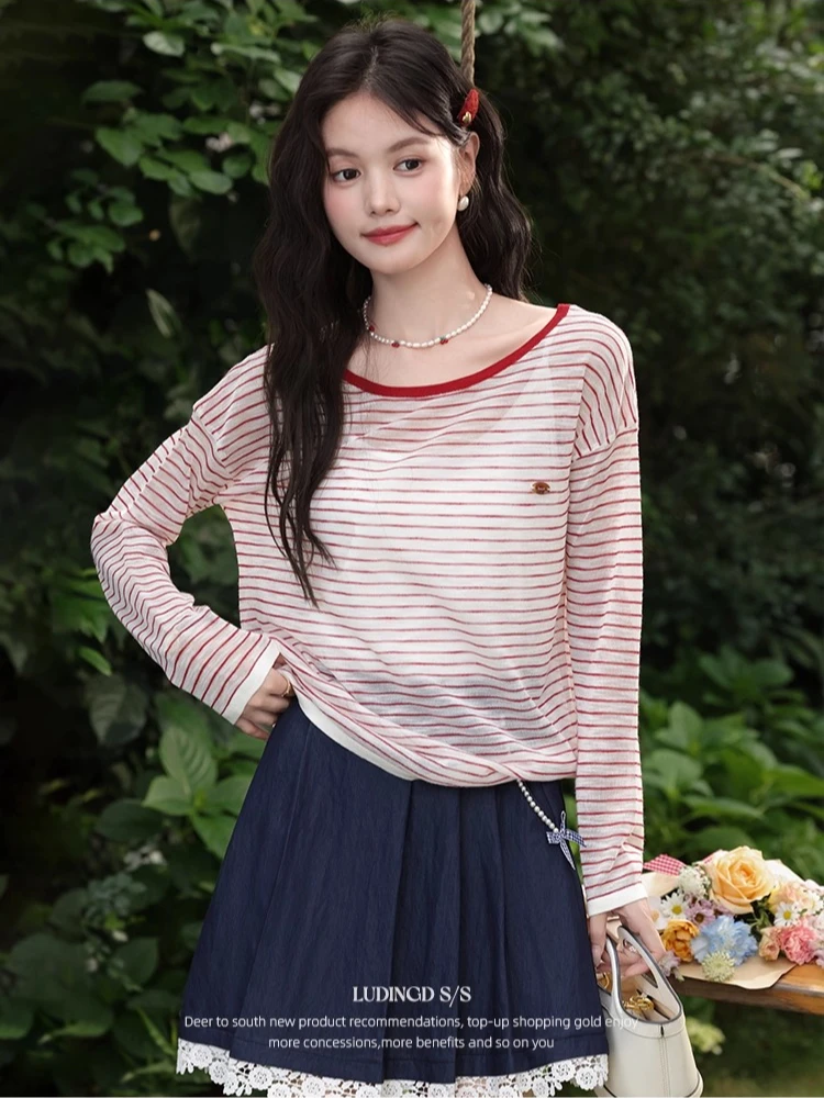 

ALXNAN футболка в красную полоску, осень 202, тонкие солнцезащитные футболки с длинными рукавами, свободные повседневные универсальные топы, женские L56366