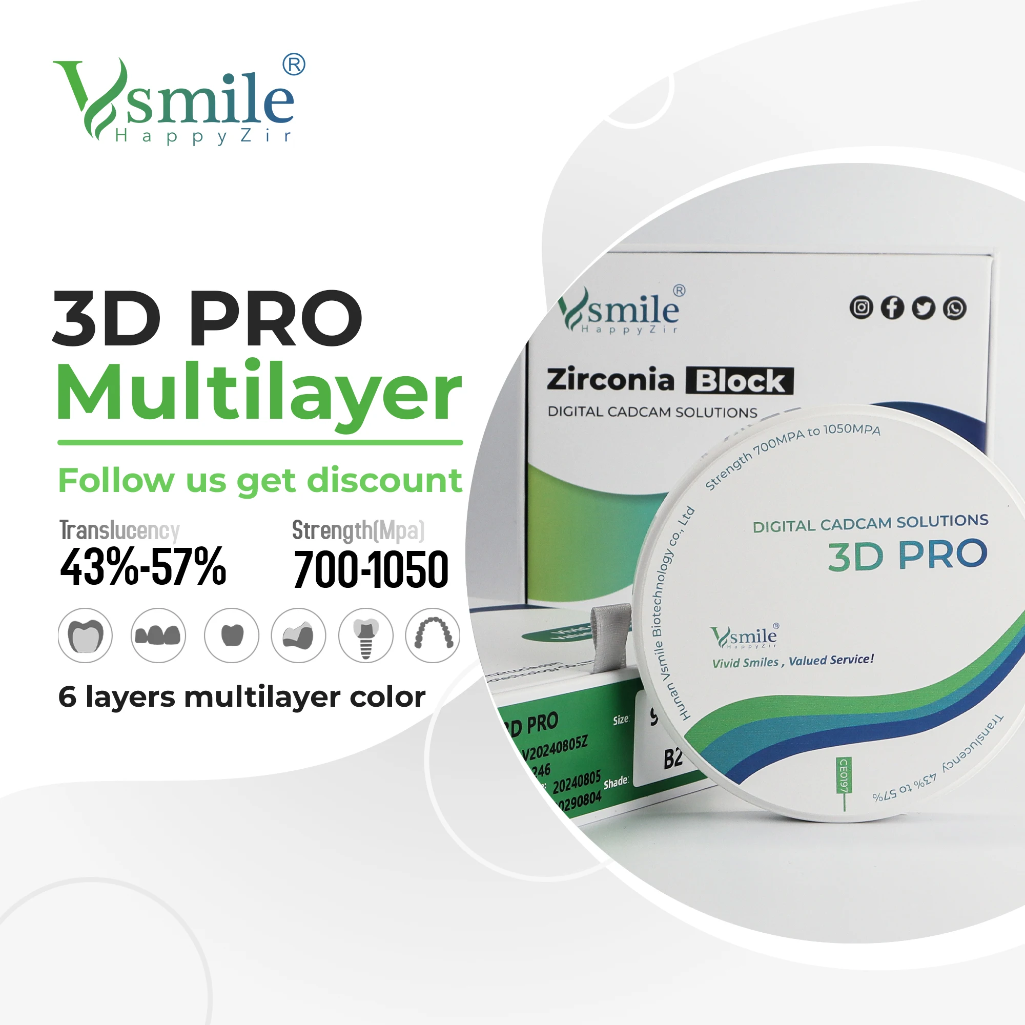 Vsmile 3D Pro multilayer dental zirconia block for restoration high translucency high strengh for open CADCAM system