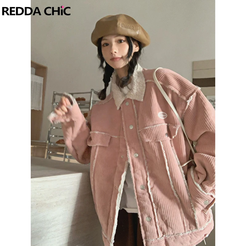 

REDDACHiC Women Sherpa Fleece Corduroy Jacket Loose Button Down Pockets Lapel Oversized Coat Cutecore Casual Fall Winter Outwear