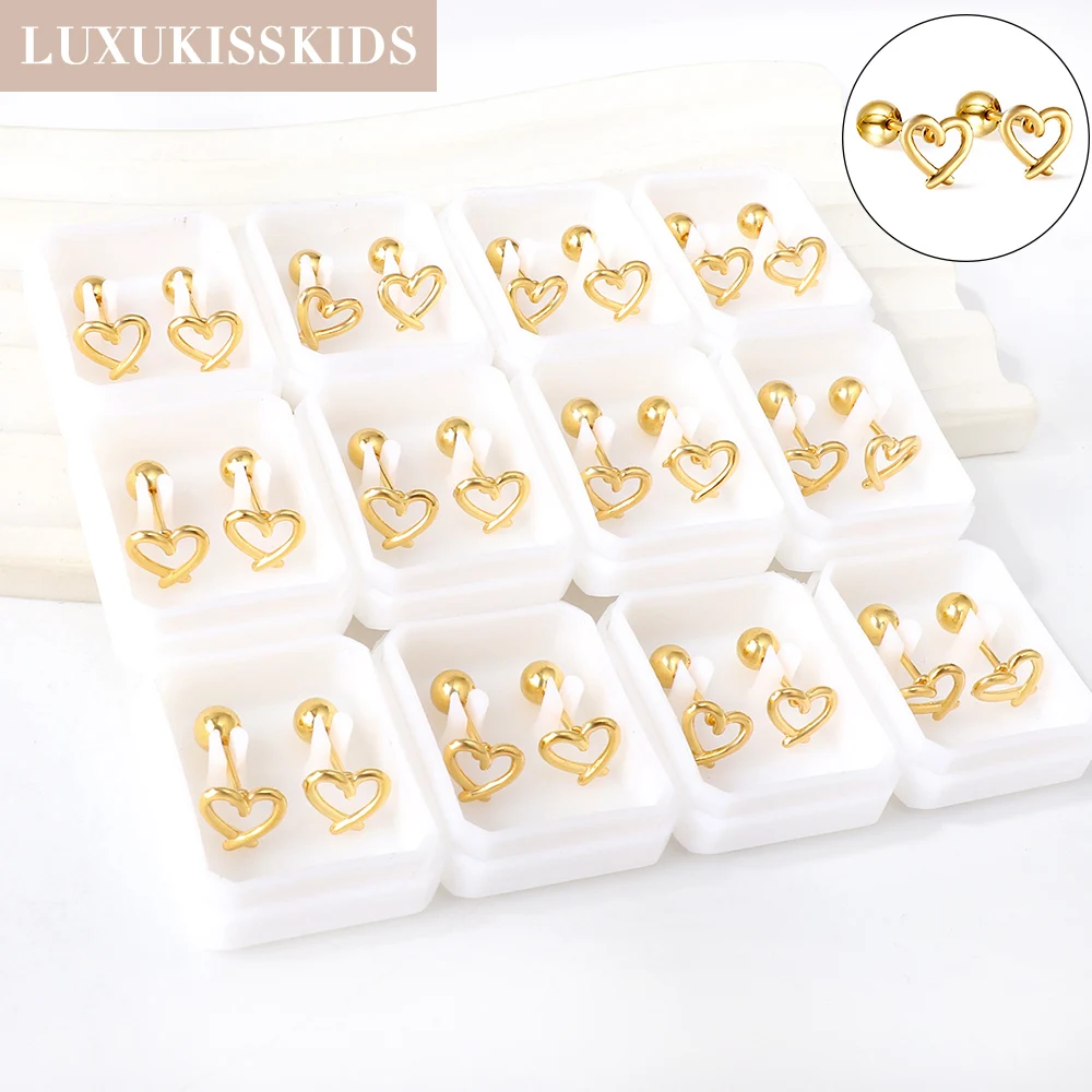 

LUXUKISSKIDS 12Pairs Hollow Out Small Heart Stud Earrings For Woman Korean Fashion Tiny Charms Piercing For Child Surgical Steel