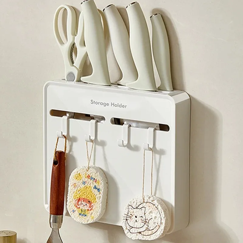 

Wall Mounted Kitchen Knife Holder with Hook No-Drill Durable Shelf for Cabinet Inner Side Multifunctional Storage Rack