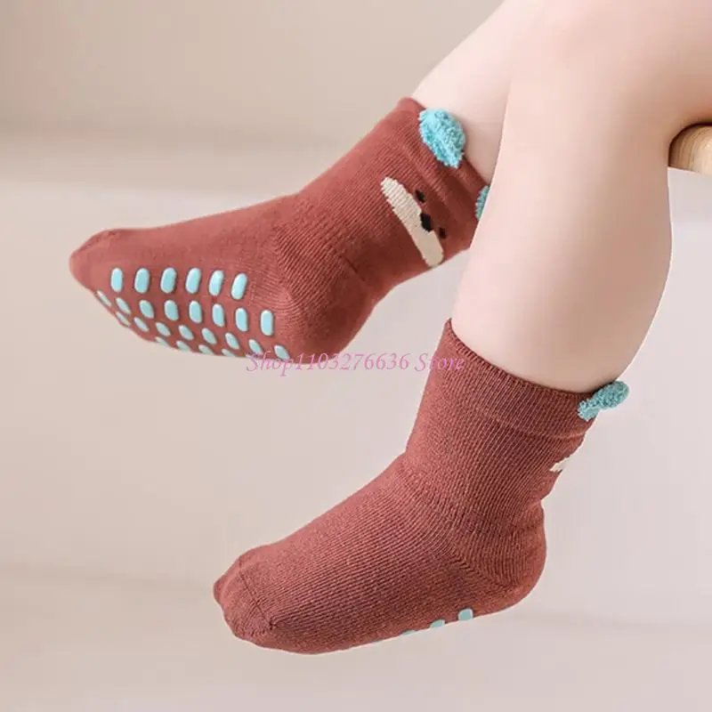 R6FD Nonslip Infant Walking Socks Grip Design Soft Combed Cotton Elastic Fall Themed Print Washable Indoor Play Baby Socks