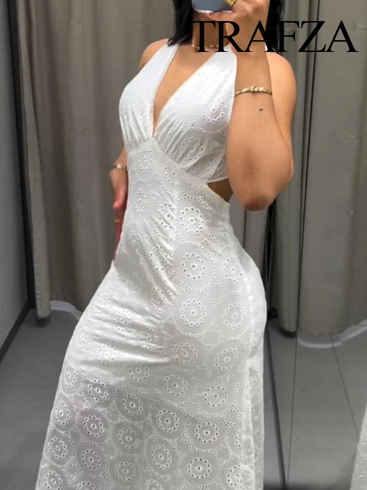 

TRAFZA Women's Summer Fashion Solid Cotton V-neck Embroidered Midi Dress Female Simple Temperament Sexy Backless Long Slim Dress