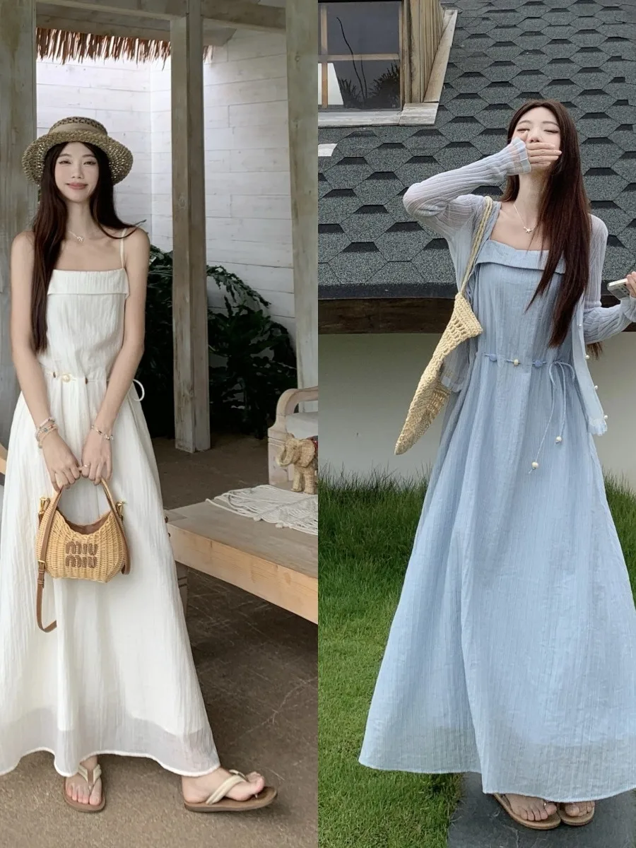 

plus Size Women's Strapless Pleated Sun Protection Dress Stylish High Waist Slimming Midi Skirt Korean Style Casual Summer Dress