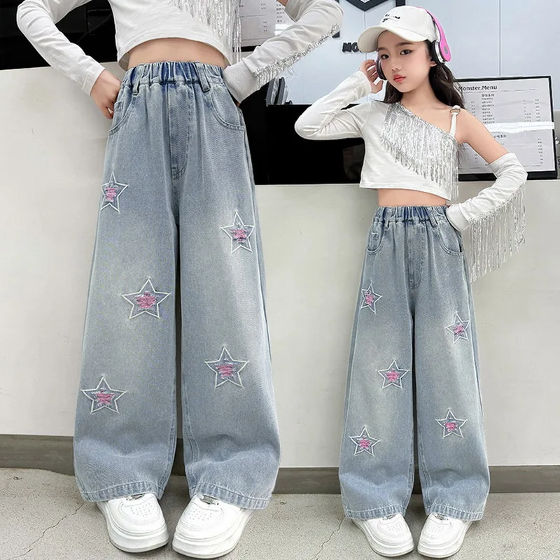 Children Fashion Ripped Denim Pants With Stars for Teen Girls Loose Straight Blue Jeans Kids Spring Autumn Trousers 4-15Y