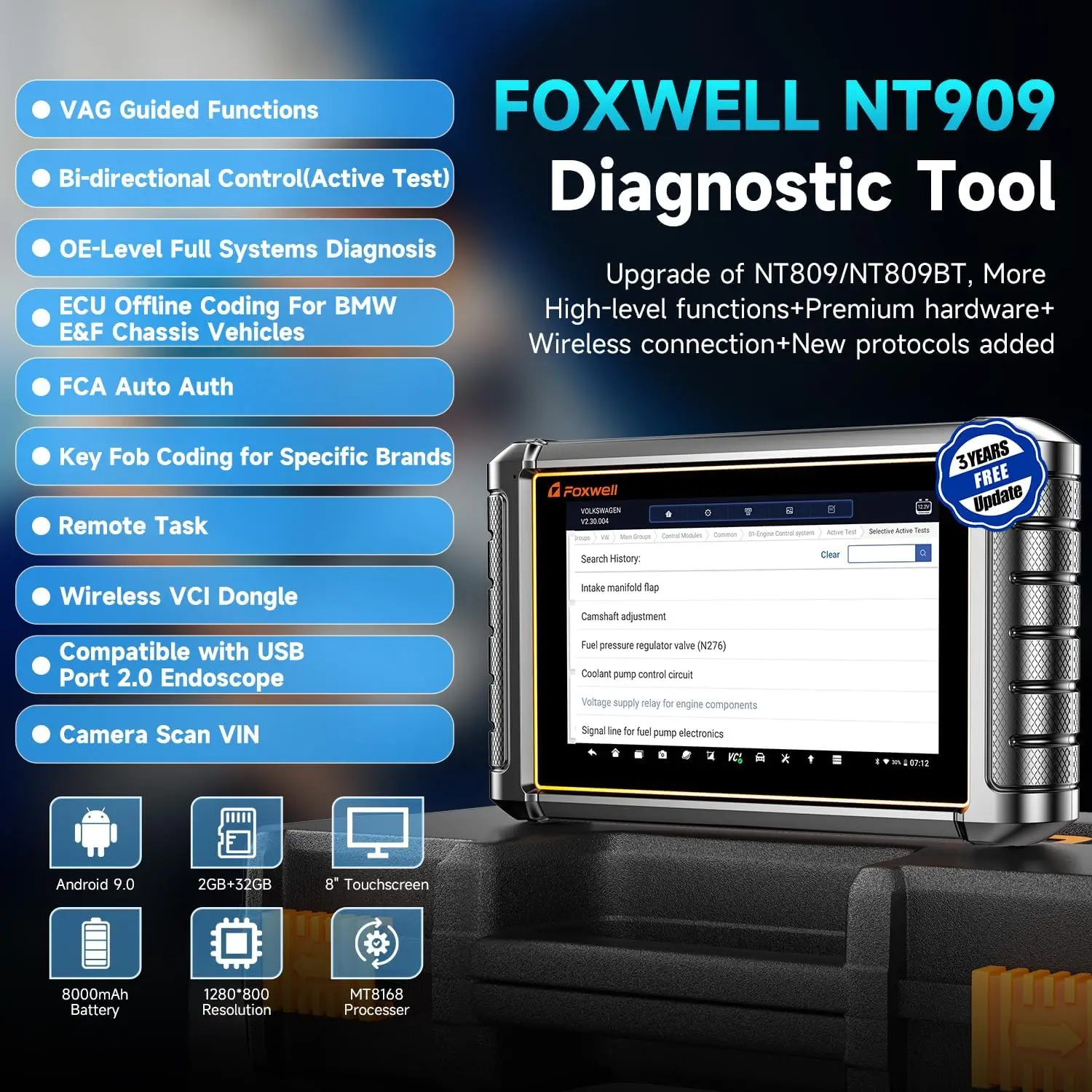 2024 New FOXWELL NT909 Car Bidirectional Diagnostic Scan Tool ECU Coding All System 30+ Reset CANFD/DOIP OBD2 Automotive Scanner