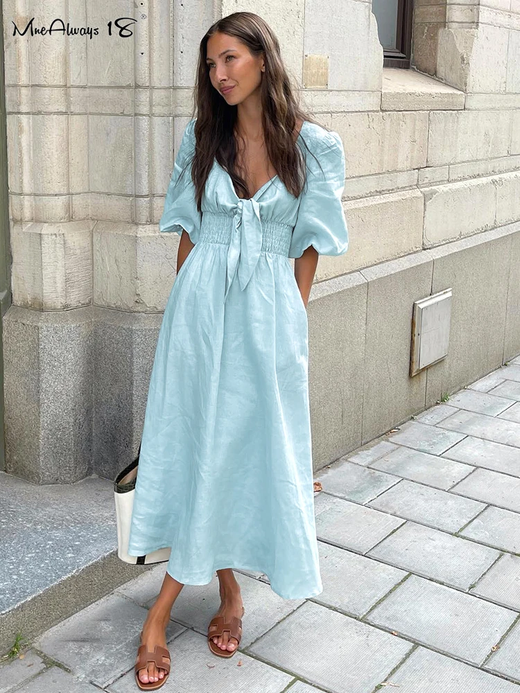 Mnealways18 Light Blue Tunic Dress Puff Sleeve Women Twist Vacation Cotton Linen Dress Ladies Boho Casual Chic Dress A-Line 2024