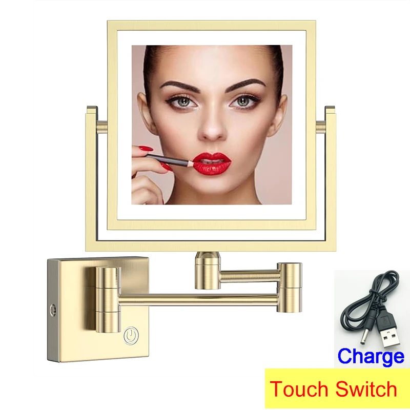 Square Touch Led opvouwbare badkamerspiegel 3x vergrotende badkamer make-upspiegels Accessoires Wandmontage Touch on badspiegels