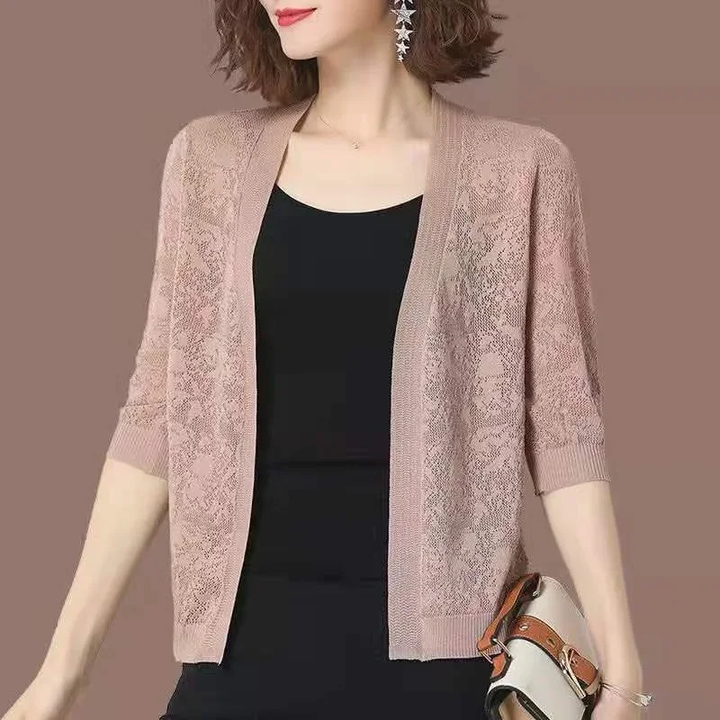 Women 5XL Hollow Out Knitwear Summer Spring Lady Knit Cardigan Long Sleeve Thin Hollow Knitted Outerwear X283